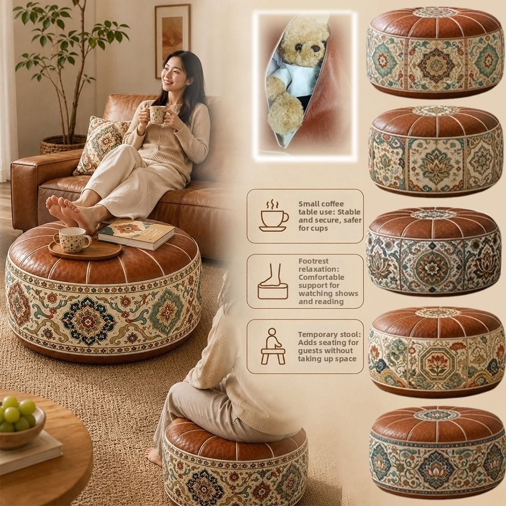 Floor Cushion Pouf - New PU Leather Ottoman Pouf Boho