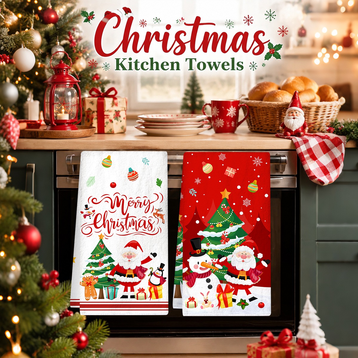 Home Textiles Towel - 2pcs Merry Christmas Polyester Dish Towels