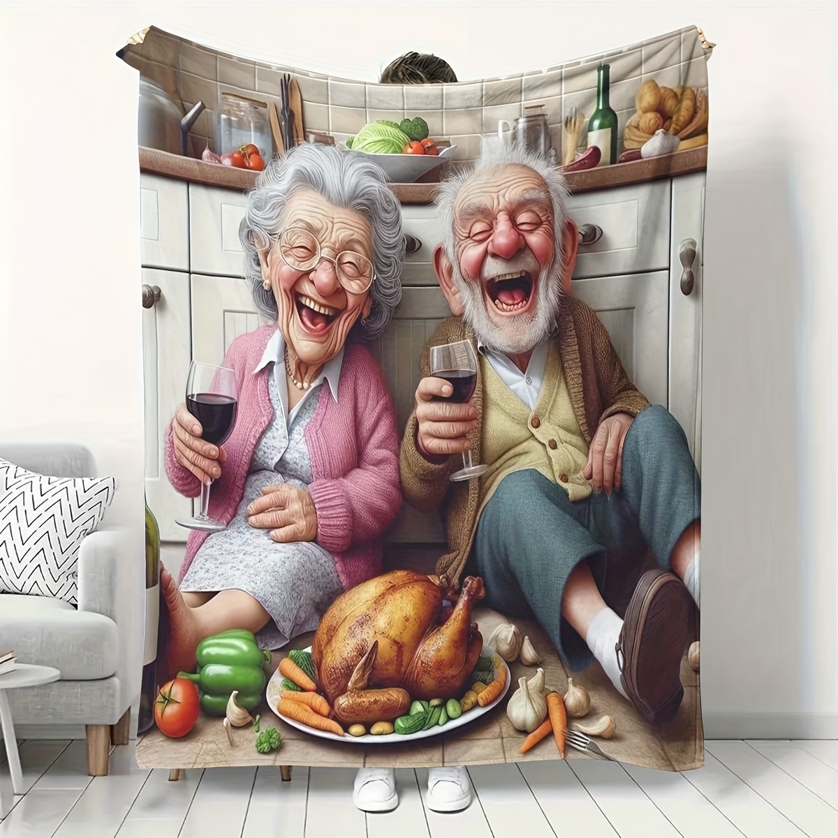 Home Textiles Turkey - Funny Cartoon Old Couple Enjoy Feast